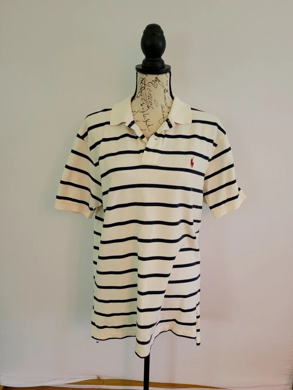 Ralph Lauren White Polo with Navy Stripes Size L